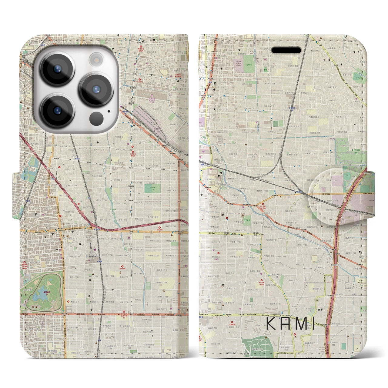 【加美】地図柄iPhoneケース（手帳両面タイプ・ナチュラル）iPhone 14 Pro 用