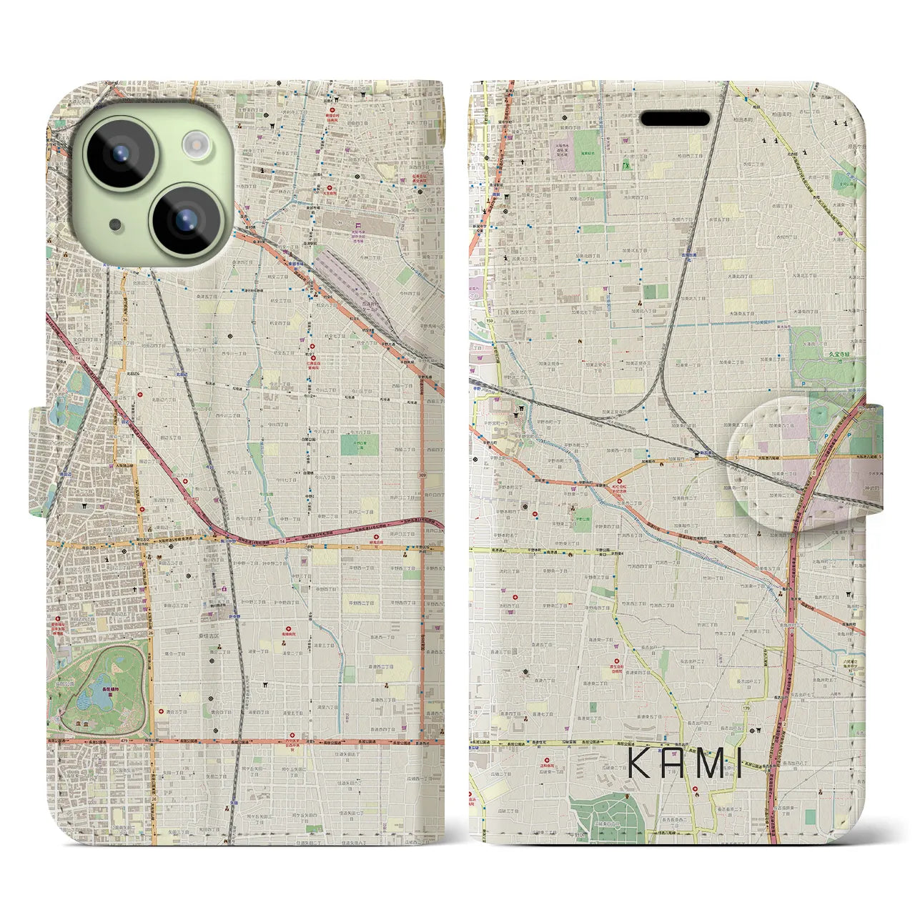 【加美】地図柄iPhoneケース（手帳両面タイプ・ナチュラル）iPhone 15 用