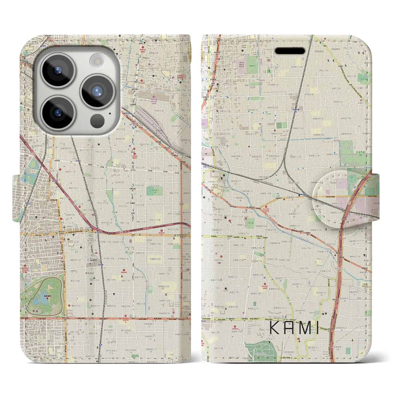 【加美】地図柄iPhoneケース（手帳両面タイプ・ナチュラル）iPhone 15 Pro 用