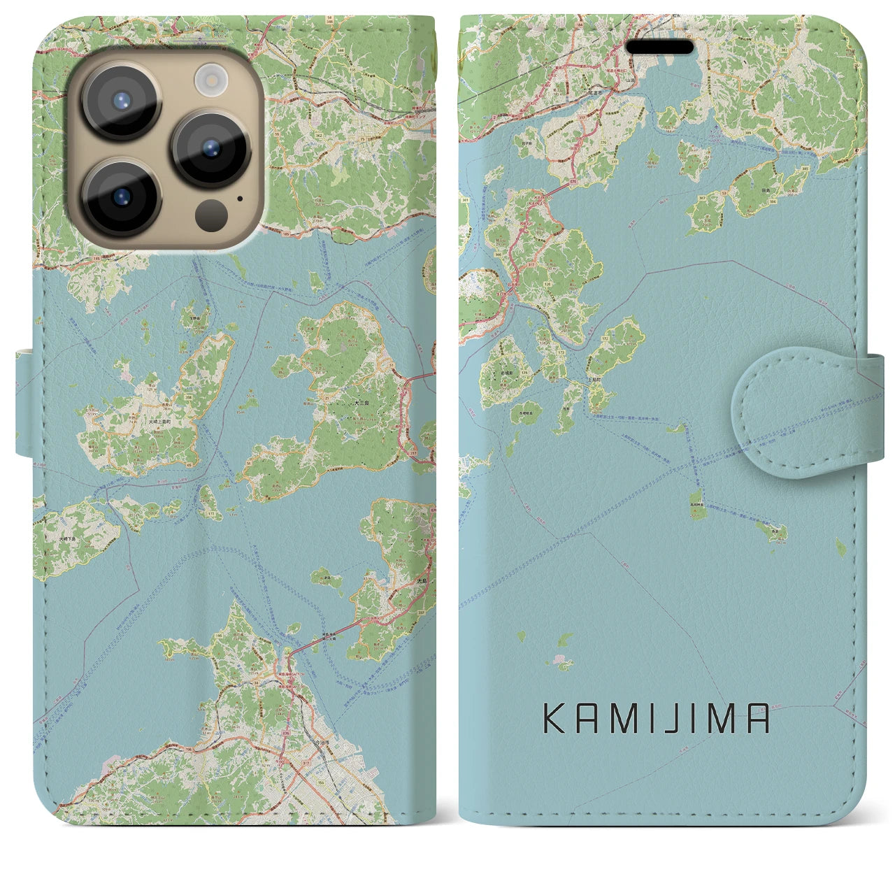 【上島】地図柄iPhoneケース（手帳両面タイプ・ナチュラル）iPhone 14 Pro Max 用