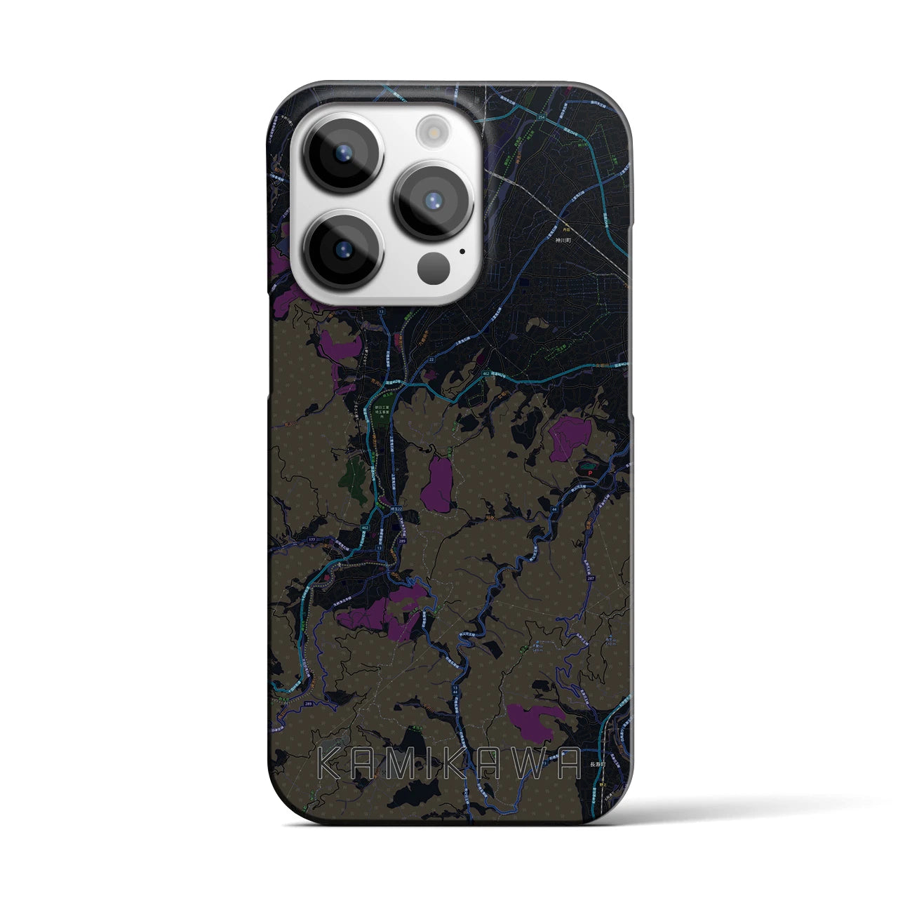 【神川】地図柄iPhoneケース（バックカバータイプ・ブラック）iPhone 14 Pro 用