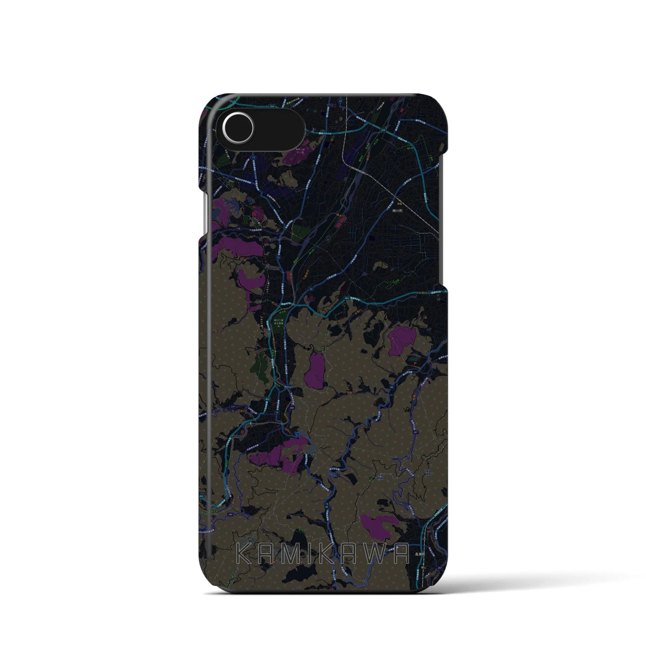 【神川】地図柄iPhoneケース（バックカバータイプ・ブラック）iPhone SE（第3 / 第2世代） / 8 / 7 / 6s / 6 用