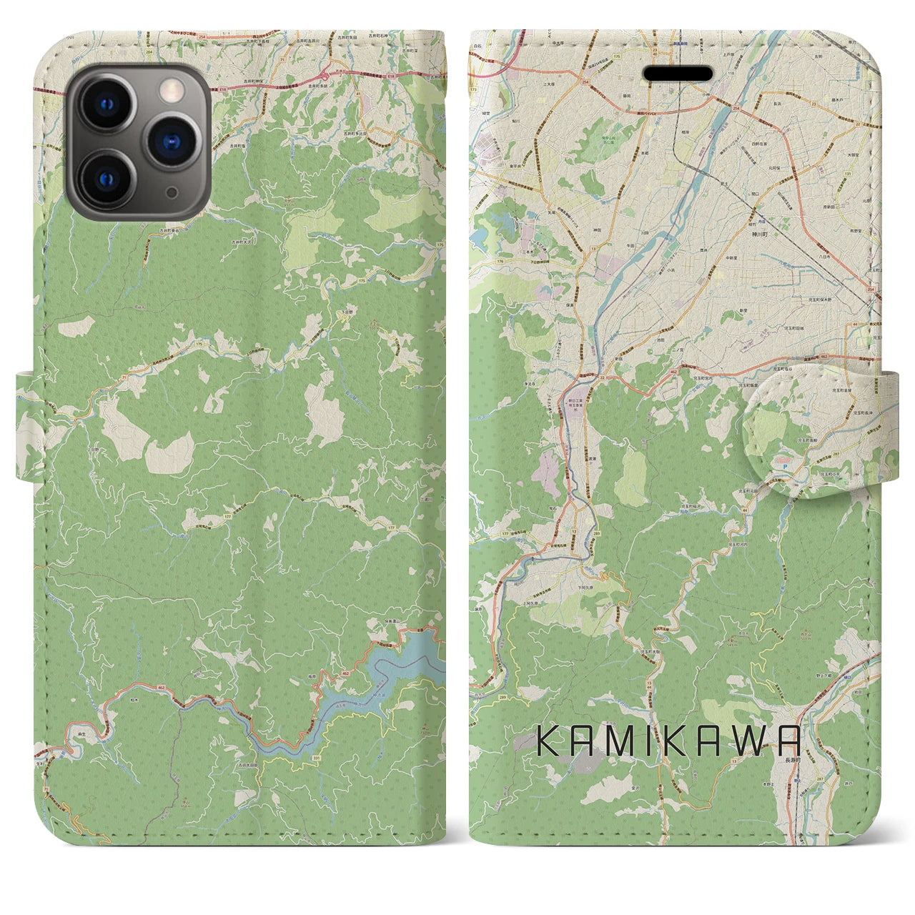 【神川】地図柄iPhoneケース（手帳両面タイプ・ナチュラル）iPhone 11 Pro Max 用