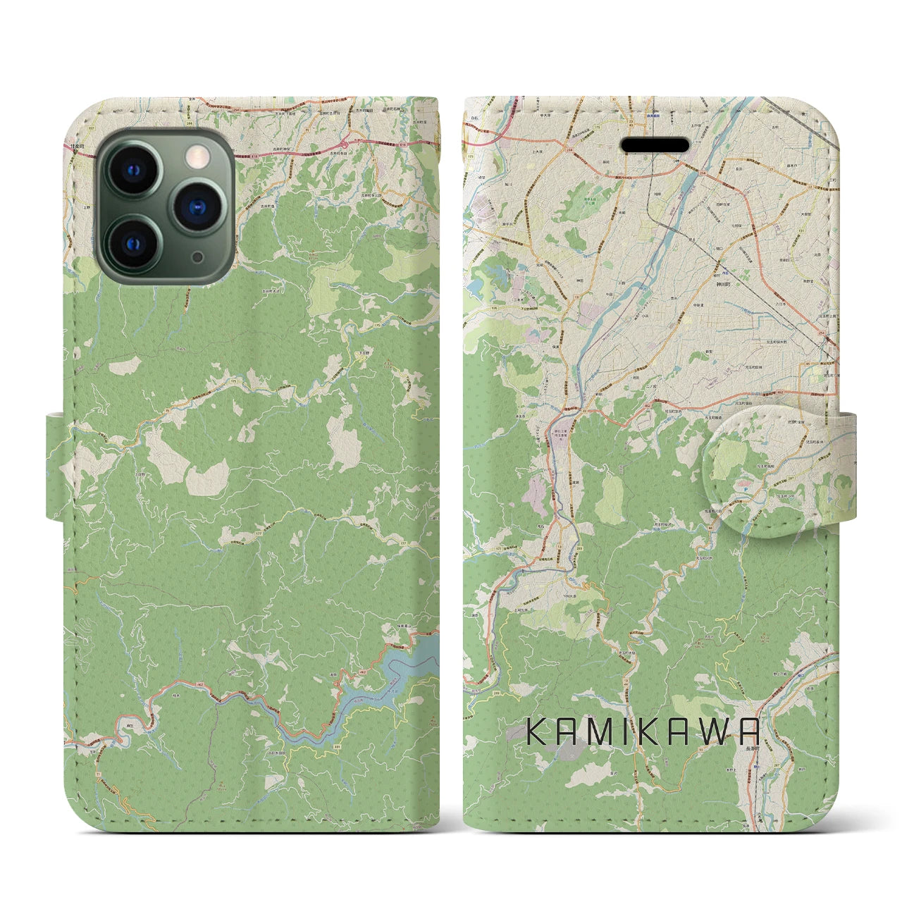 【神川】地図柄iPhoneケース（手帳両面タイプ・ナチュラル）iPhone 11 Pro 用