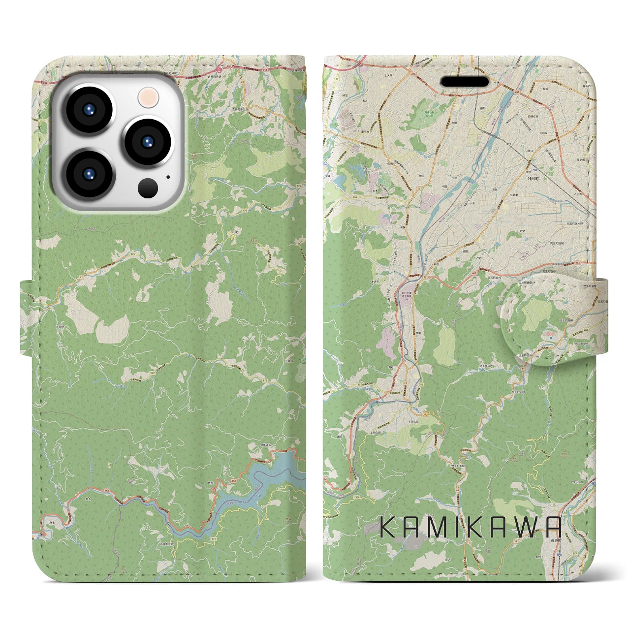 【神川】地図柄iPhoneケース（手帳両面タイプ・ナチュラル）iPhone 13 Pro 用