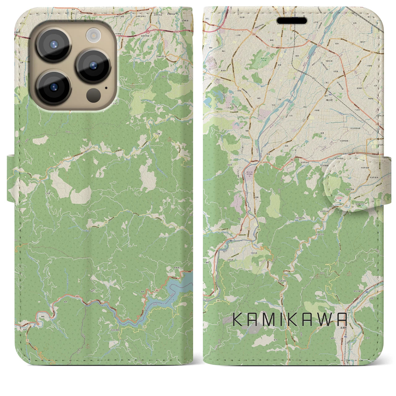 【神川】地図柄iPhoneケース（手帳両面タイプ・ナチュラル）iPhone 14 Pro Max 用