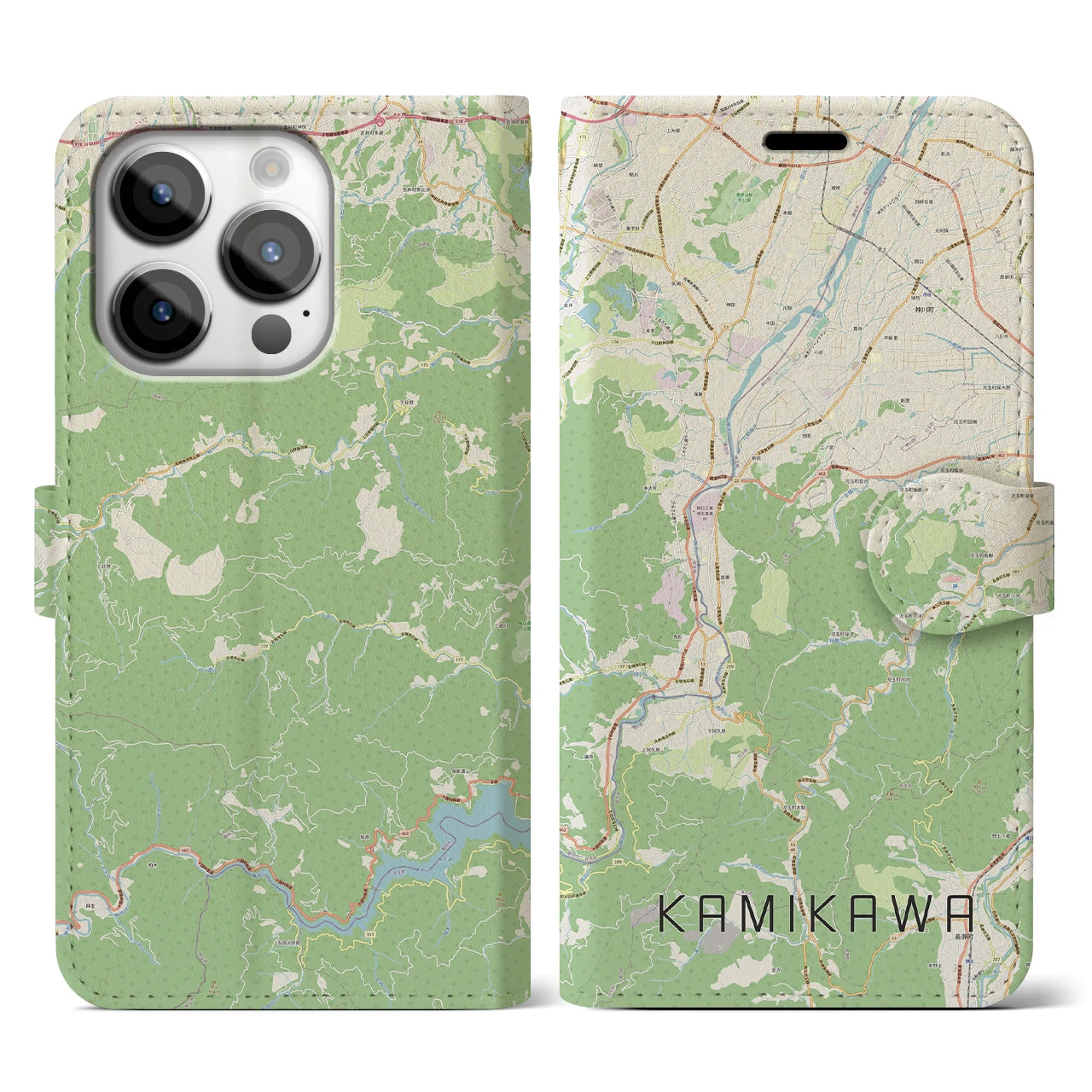 【神川】地図柄iPhoneケース（手帳両面タイプ・ナチュラル）iPhone 14 Pro 用
