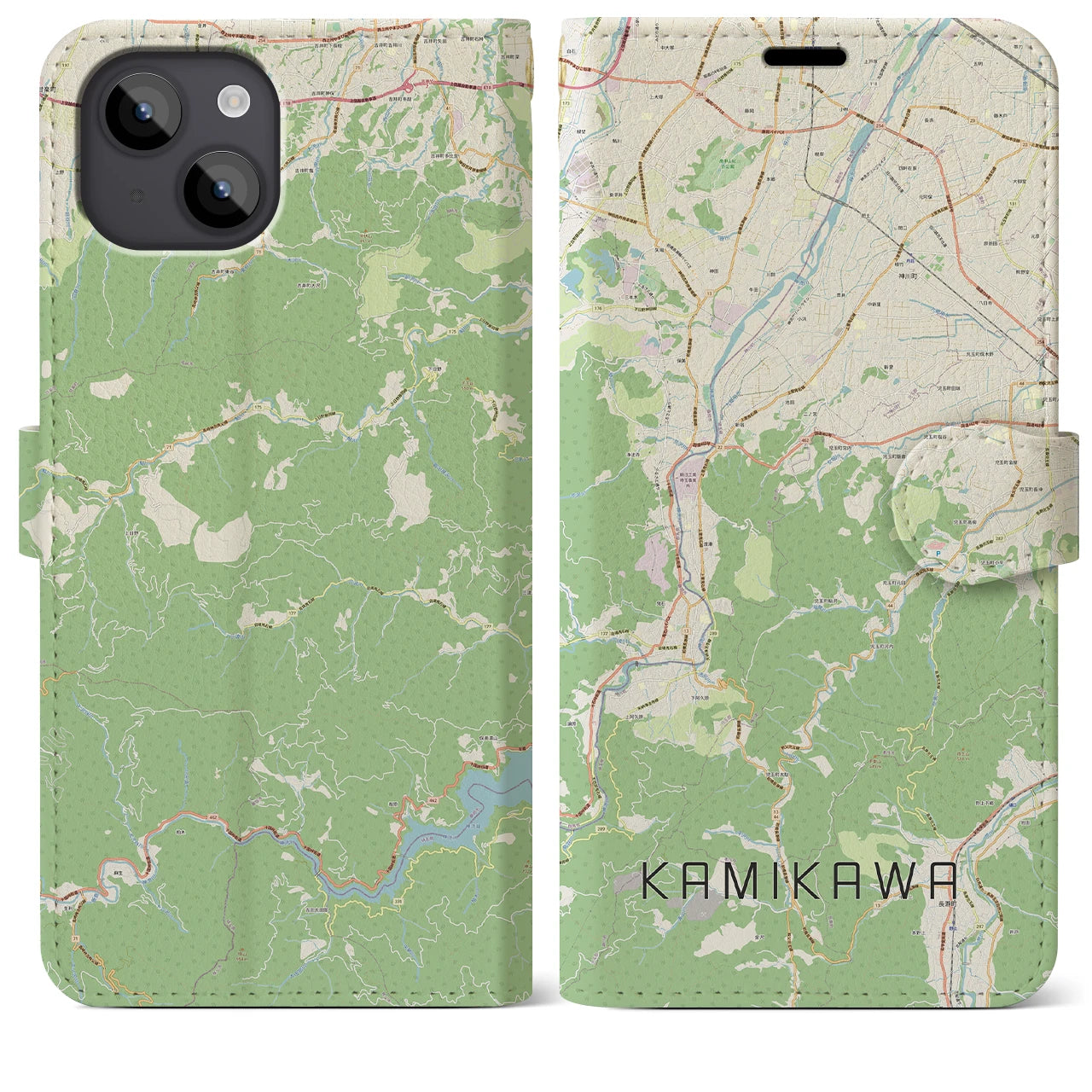 【神川】地図柄iPhoneケース（手帳両面タイプ・ナチュラル）iPhone 14 Plus 用