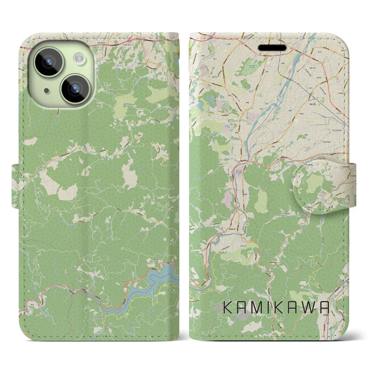 【神川】地図柄iPhoneケース（手帳両面タイプ・ナチュラル）iPhone 15 用