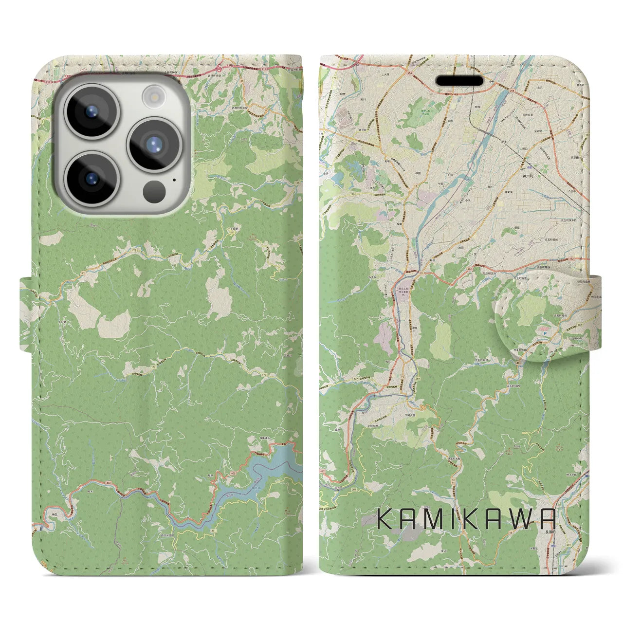 【神川】地図柄iPhoneケース（手帳両面タイプ・ナチュラル）iPhone 15 Pro 用