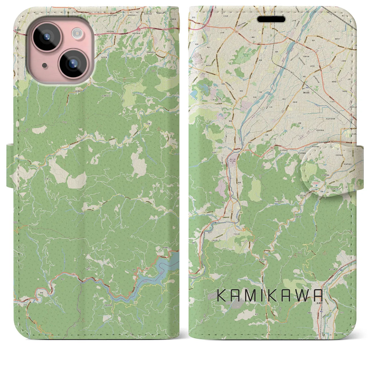 【神川】地図柄iPhoneケース（手帳両面タイプ・ナチュラル）iPhone 15 Plus 用