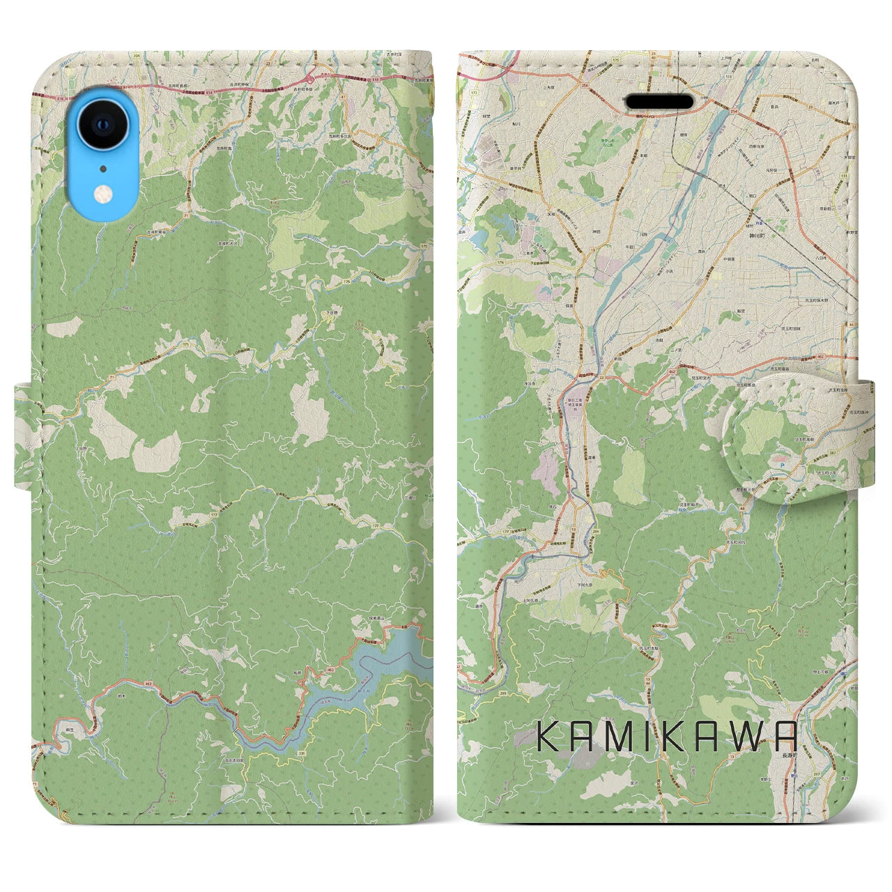 【神川】地図柄iPhoneケース（手帳両面タイプ・ナチュラル）iPhone XR 用