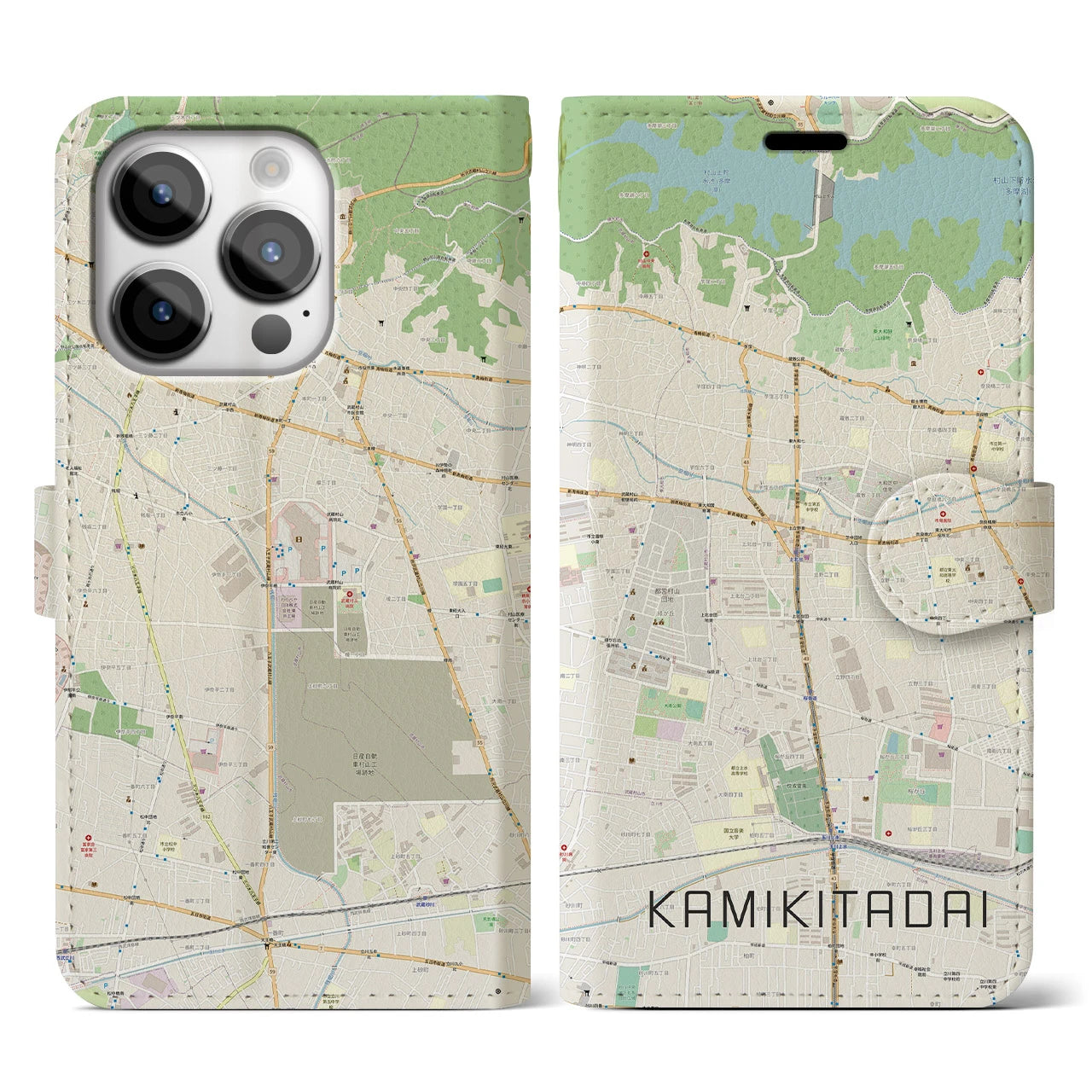 【上北台】地図柄iPhoneケース（手帳両面タイプ・ナチュラル）iPhone 14 Pro 用