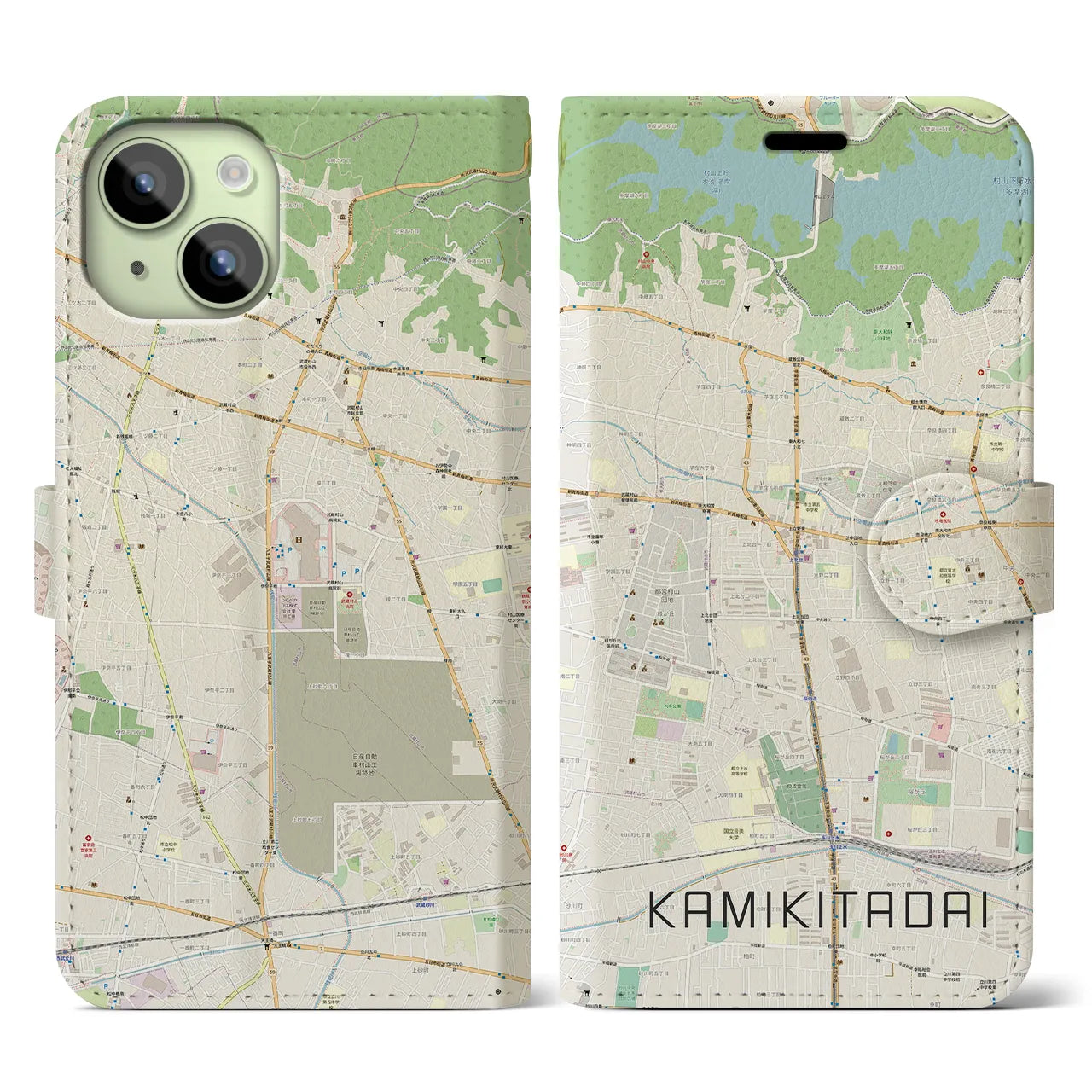 【上北台】地図柄iPhoneケース（手帳両面タイプ・ナチュラル）iPhone 15 用