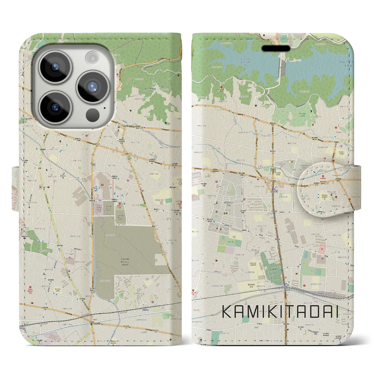【上北台】地図柄iPhoneケース（手帳両面タイプ・ナチュラル）iPhone 15 Pro 用