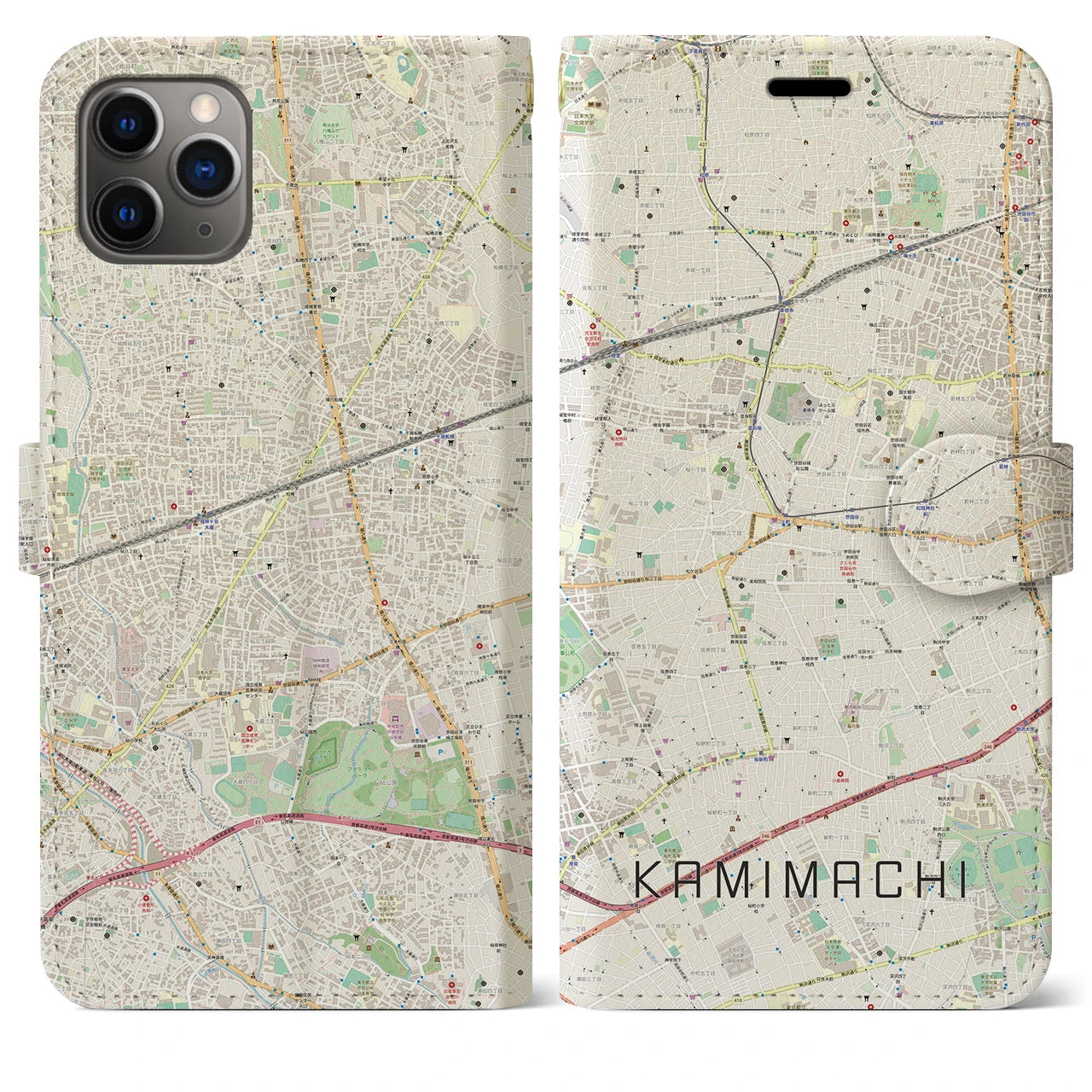 【上町】地図柄iPhoneケース（手帳両面タイプ・ナチュラル）iPhone 11 Pro Max 用