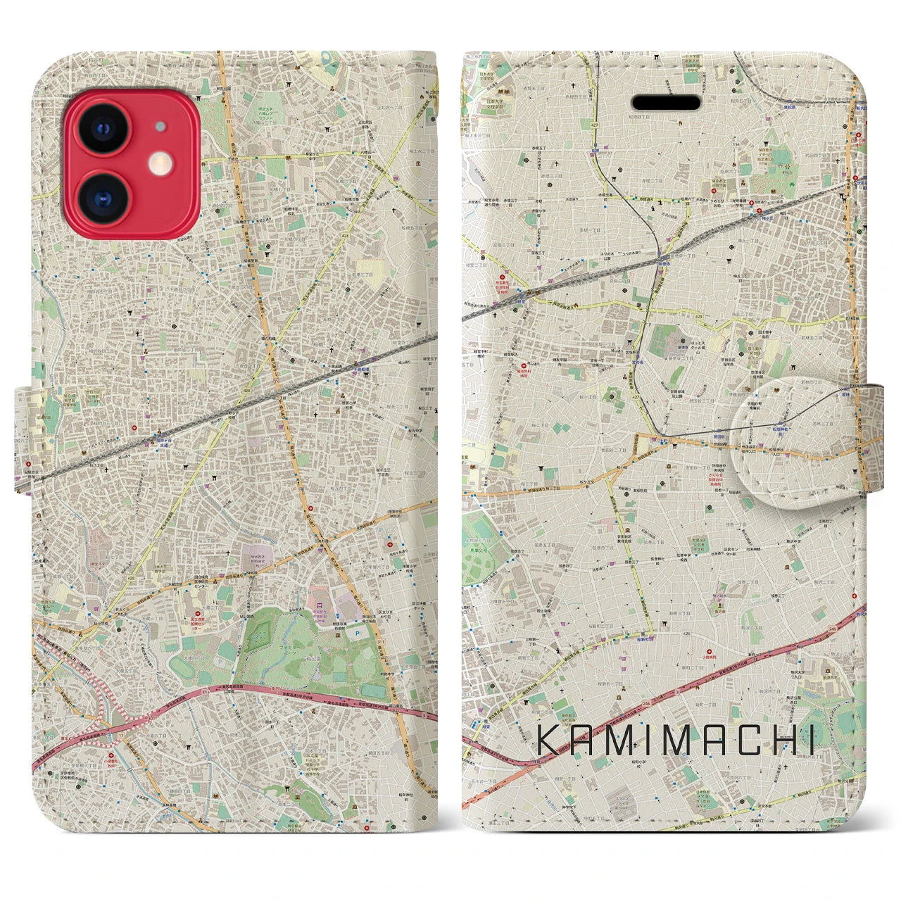 【上町】地図柄iPhoneケース（手帳両面タイプ・ナチュラル）iPhone 11 用