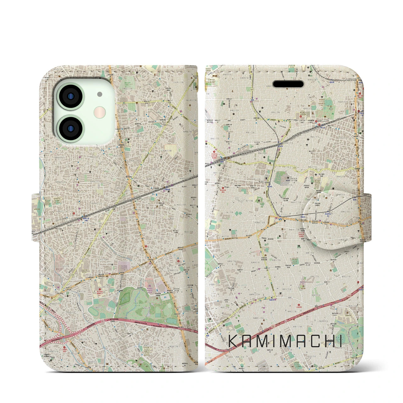 【上町】地図柄iPhoneケース（手帳両面タイプ・ナチュラル）iPhone 12 mini 用