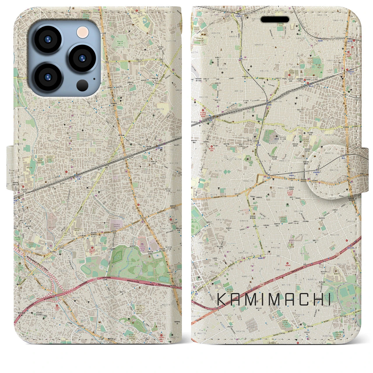 【上町】地図柄iPhoneケース（手帳両面タイプ・ナチュラル）iPhone 13 Pro Max 用