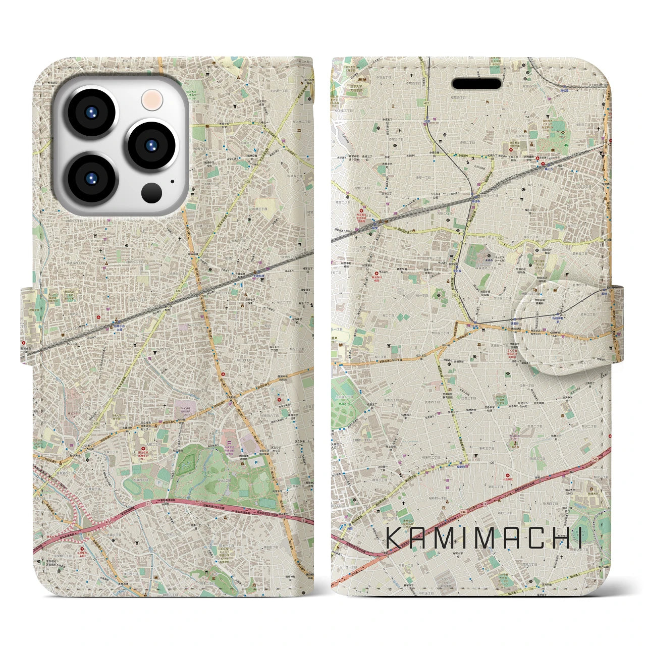 【上町】地図柄iPhoneケース（手帳両面タイプ・ナチュラル）iPhone 13 Pro 用