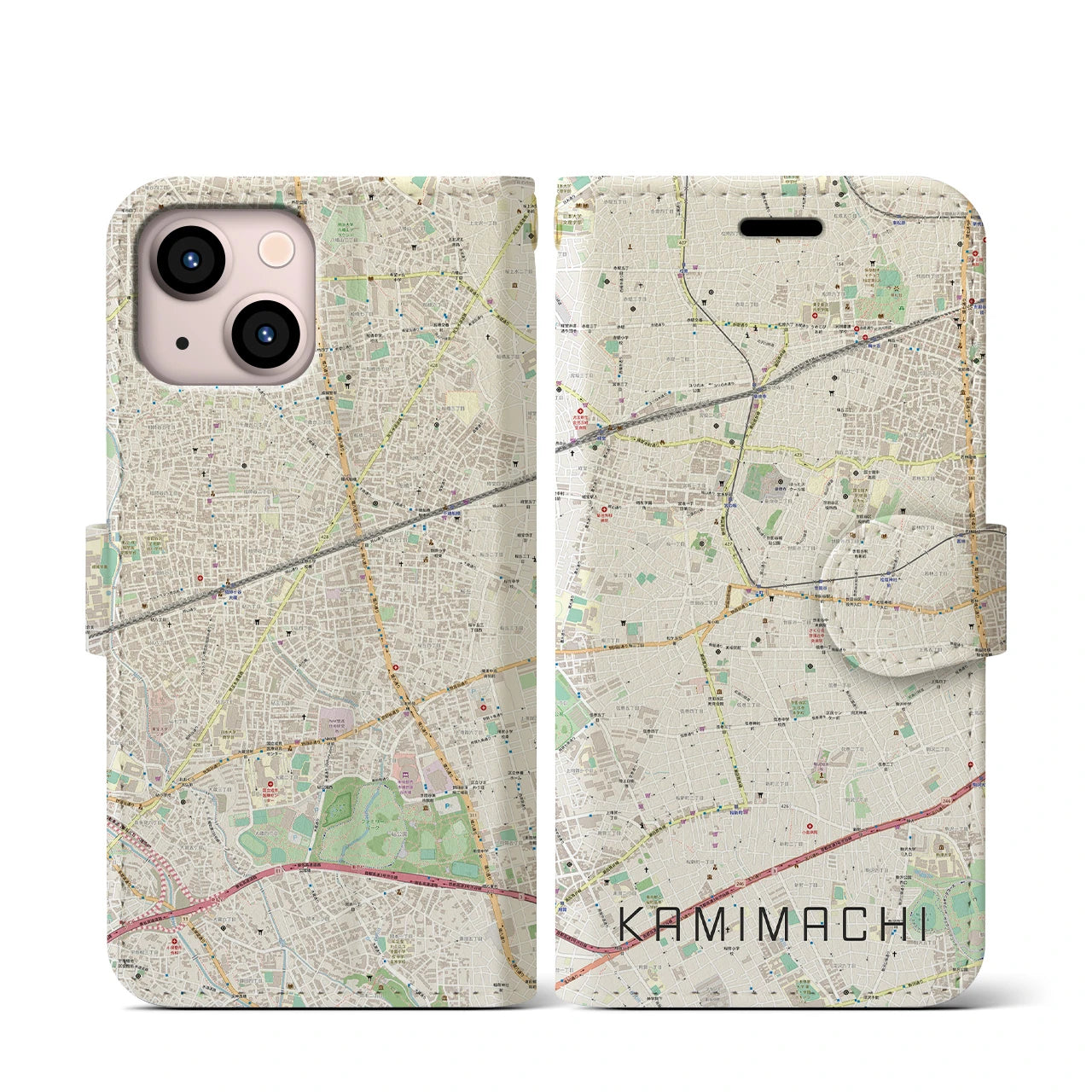 【上町】地図柄iPhoneケース（手帳両面タイプ・ナチュラル）iPhone 13 mini 用