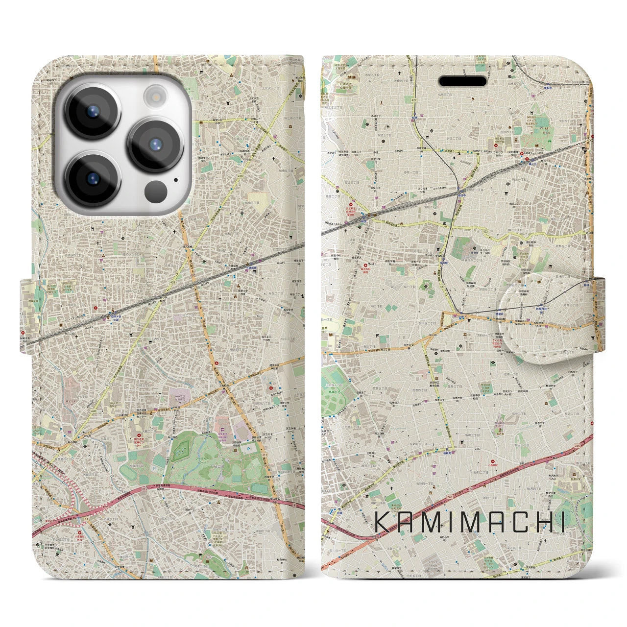 【上町】地図柄iPhoneケース（手帳両面タイプ・ナチュラル）iPhone 14 Pro 用