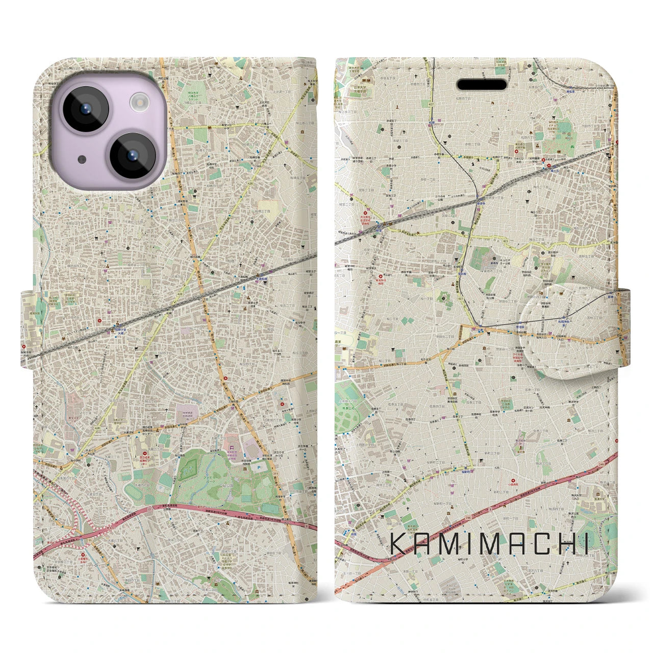 【上町】地図柄iPhoneケース（手帳両面タイプ・ナチュラル）iPhone 14 用