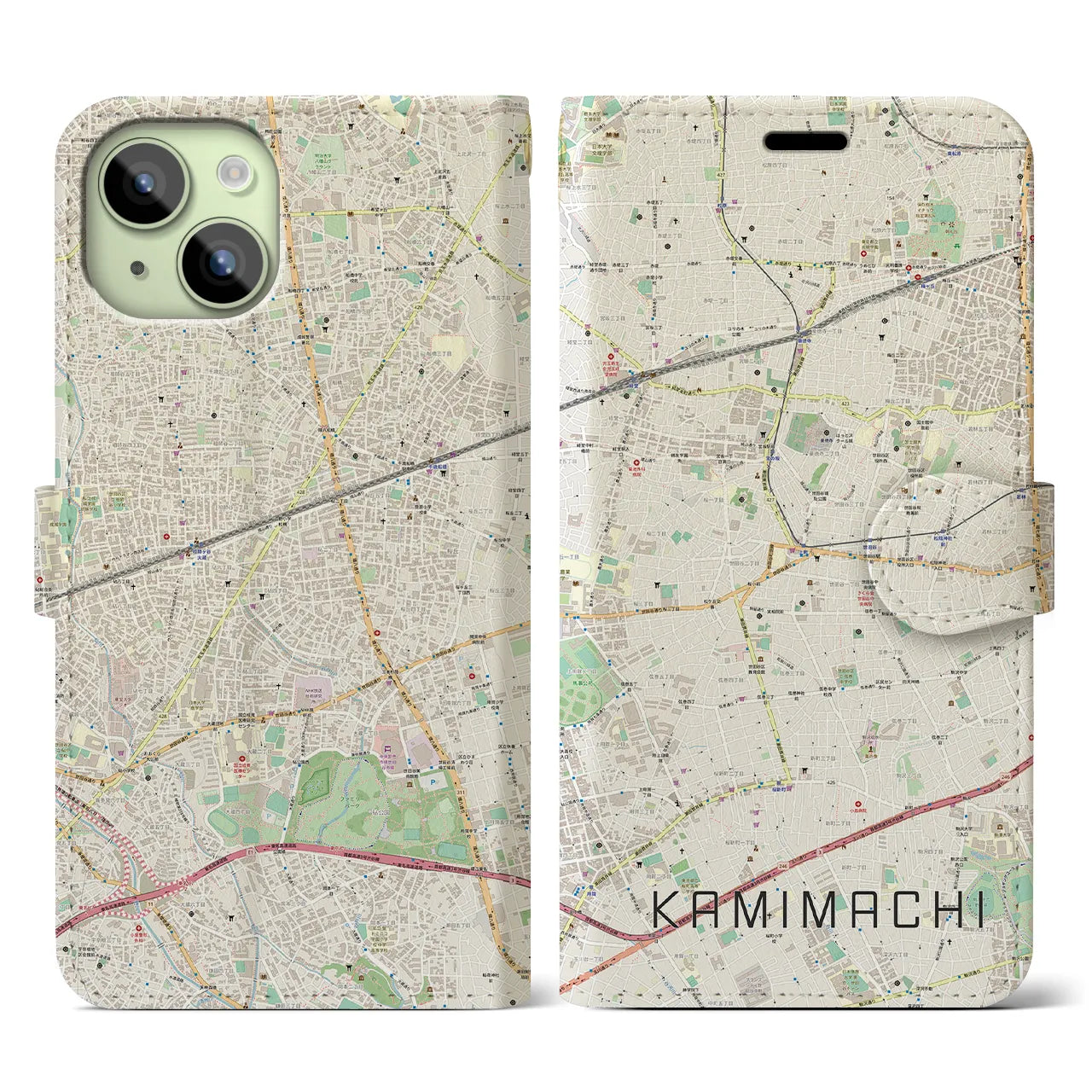 【上町】地図柄iPhoneケース（手帳両面タイプ・ナチュラル）iPhone 15 用
