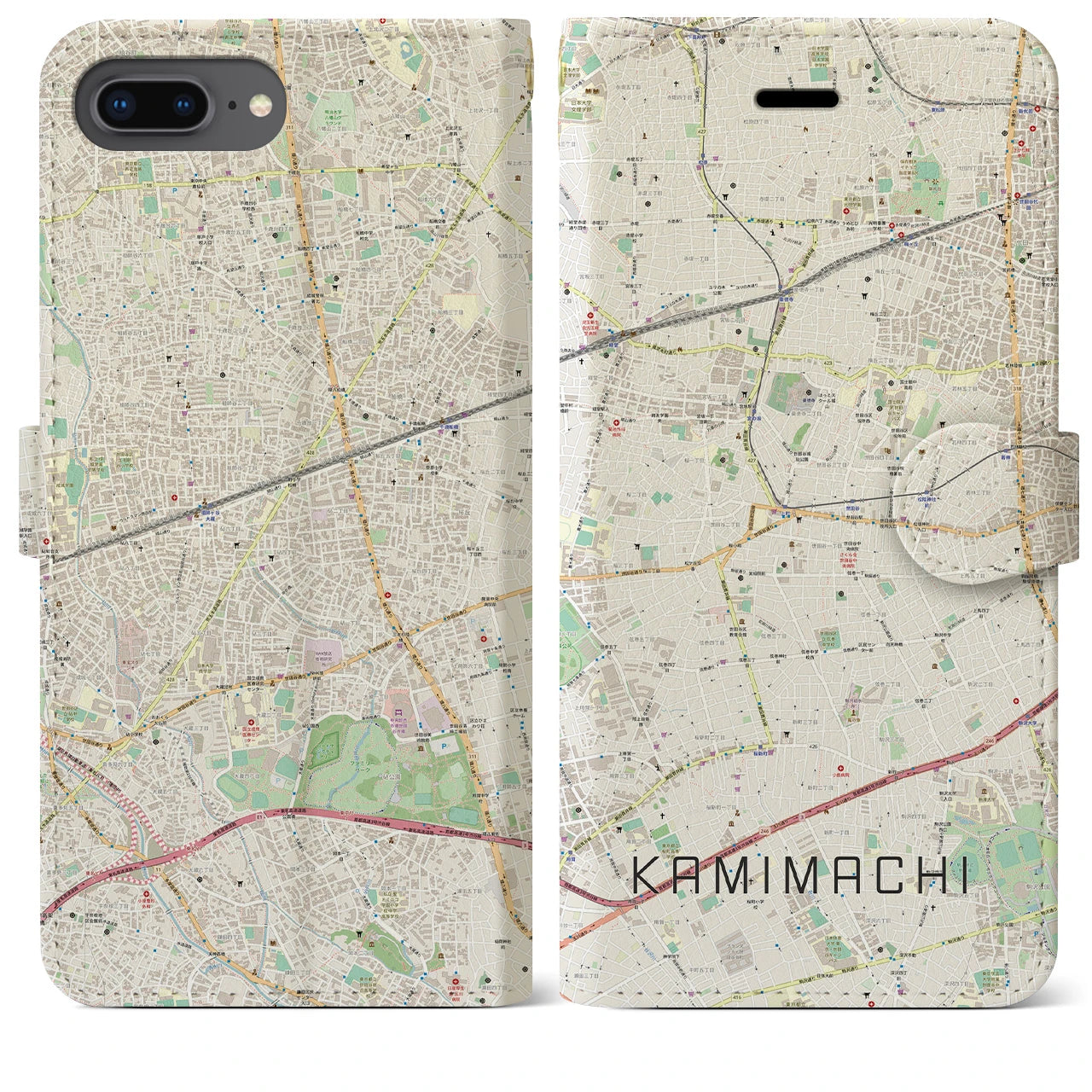 【上町】地図柄iPhoneケース（手帳両面タイプ・ナチュラル）iPhone 8Plus /7Plus / 6sPlus / 6Plus 用
