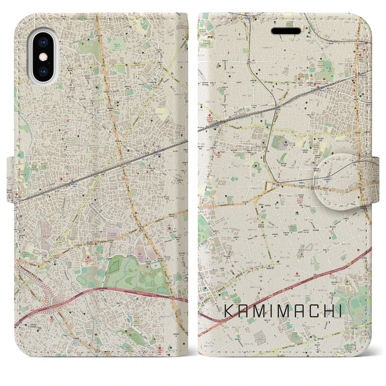 【上町】地図柄iPhoneケース（手帳両面タイプ・ナチュラル）iPhone XS Max 用
