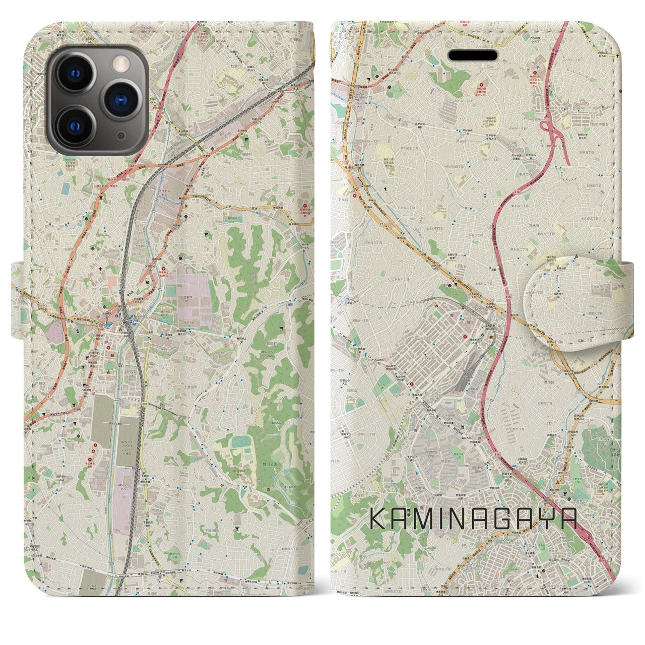 【上永谷】地図柄iPhoneケース（手帳両面タイプ・ナチュラル）iPhone 11 Pro Max 用