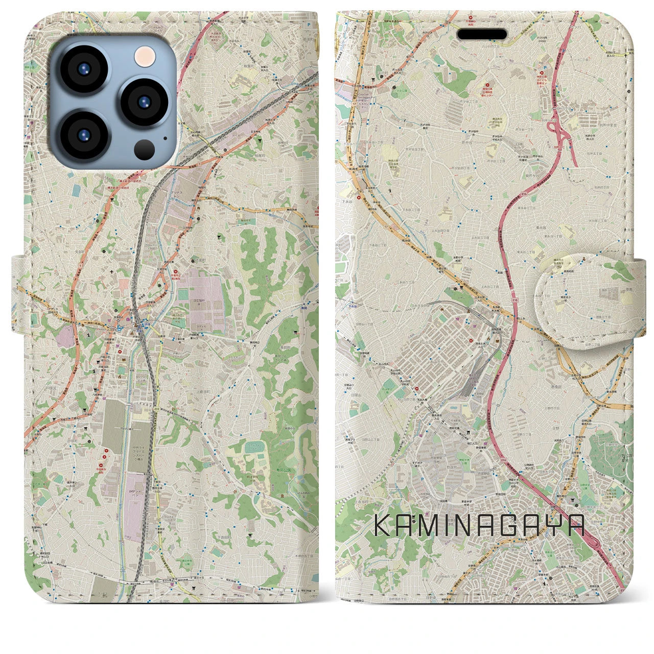 【上永谷】地図柄iPhoneケース（手帳両面タイプ・ナチュラル）iPhone 13 Pro Max 用