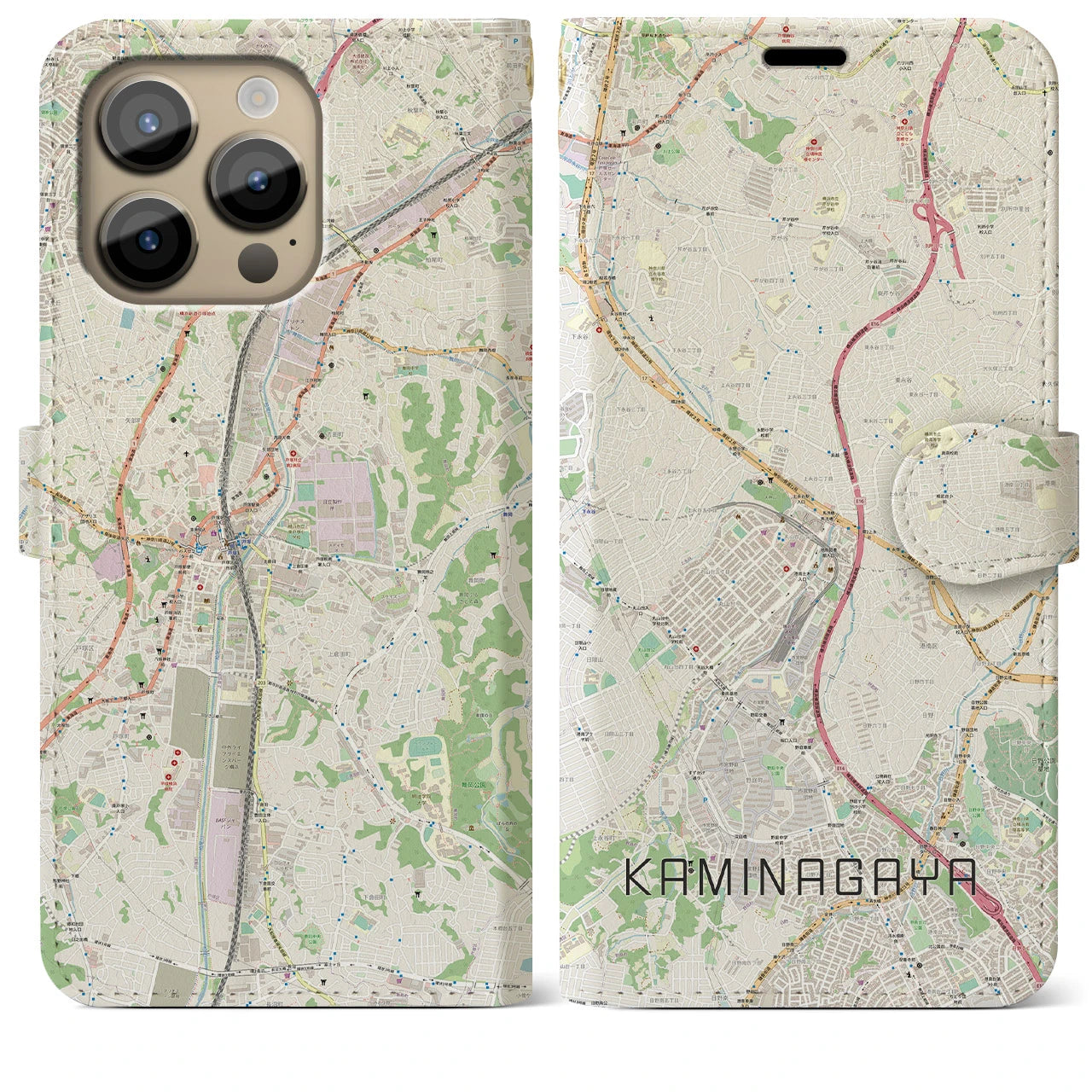 【上永谷】地図柄iPhoneケース（手帳両面タイプ・ナチュラル）iPhone 14 Pro Max 用
