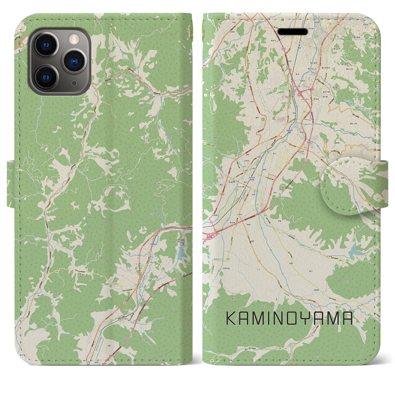 【上山】地図柄iPhoneケース（手帳両面タイプ・ナチュラル）iPhone 11 Pro Max 用