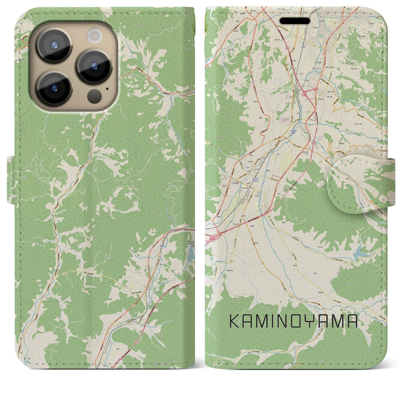 【上山】地図柄iPhoneケース（手帳両面タイプ・ナチュラル）iPhone 14 Pro Max 用