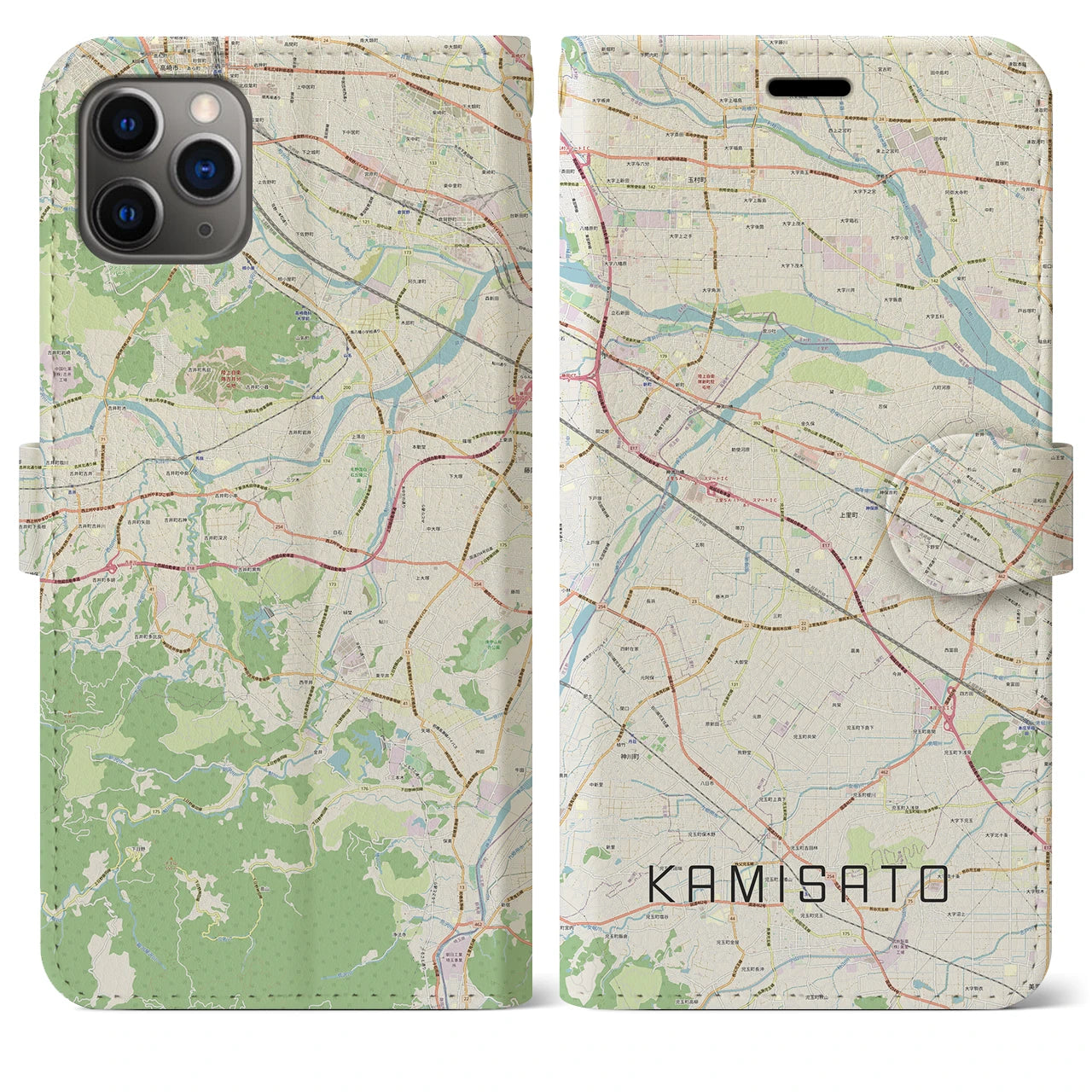 【上里】地図柄iPhoneケース（手帳両面タイプ・ナチュラル）iPhone 11 Pro Max 用