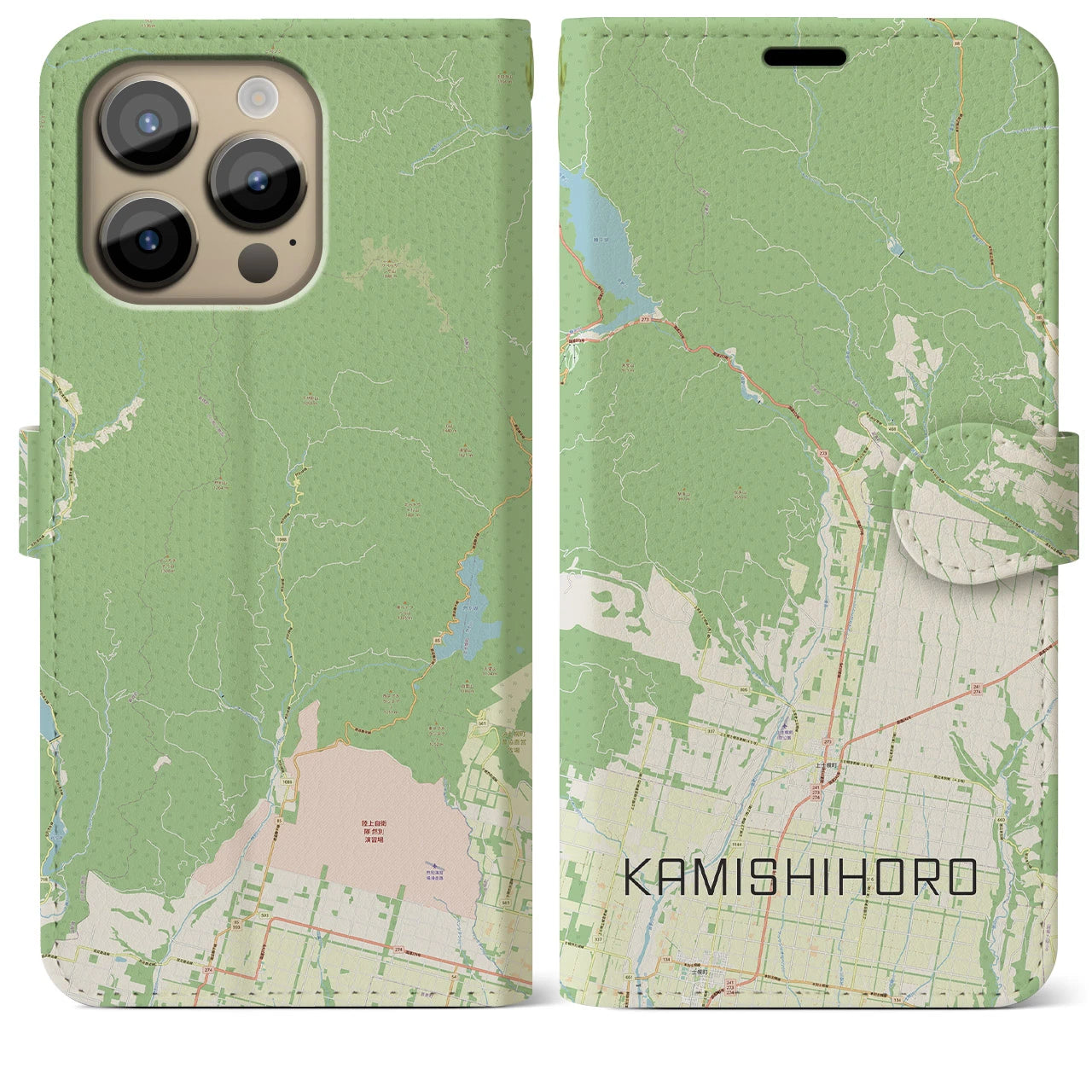 【上士幌】地図柄iPhoneケース（手帳両面タイプ・ナチュラル）iPhone 14 Pro Max 用