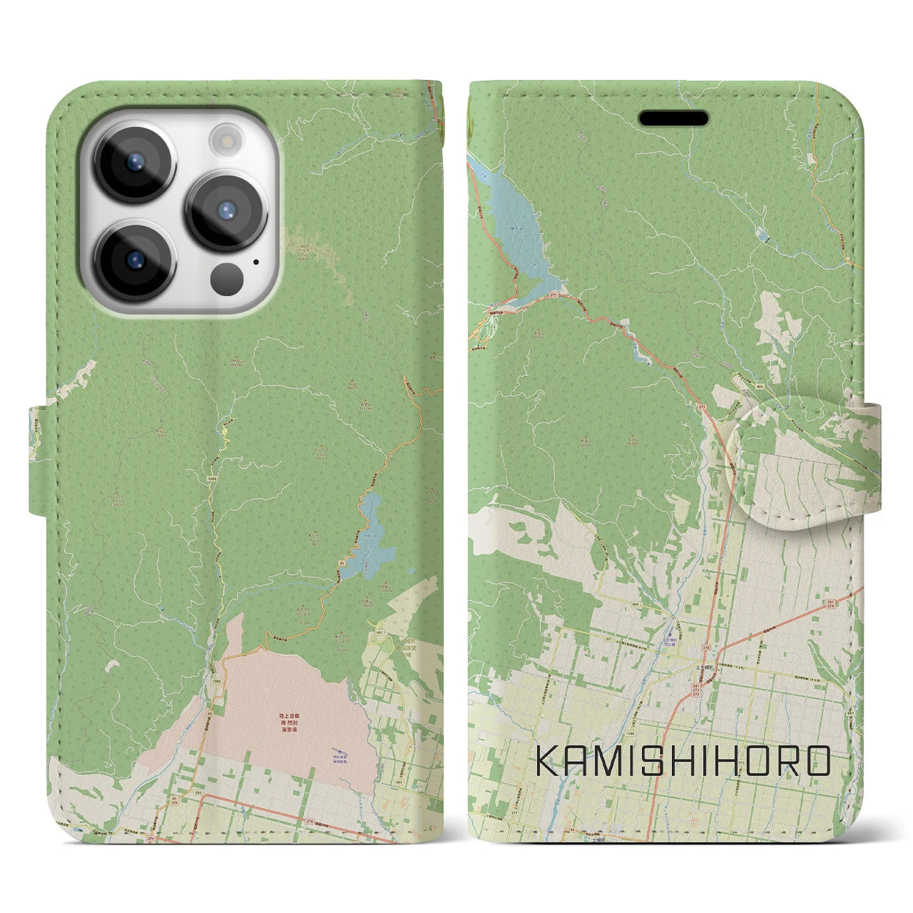 【上士幌】地図柄iPhoneケース（手帳両面タイプ・ナチュラル）iPhone 14 Pro 用