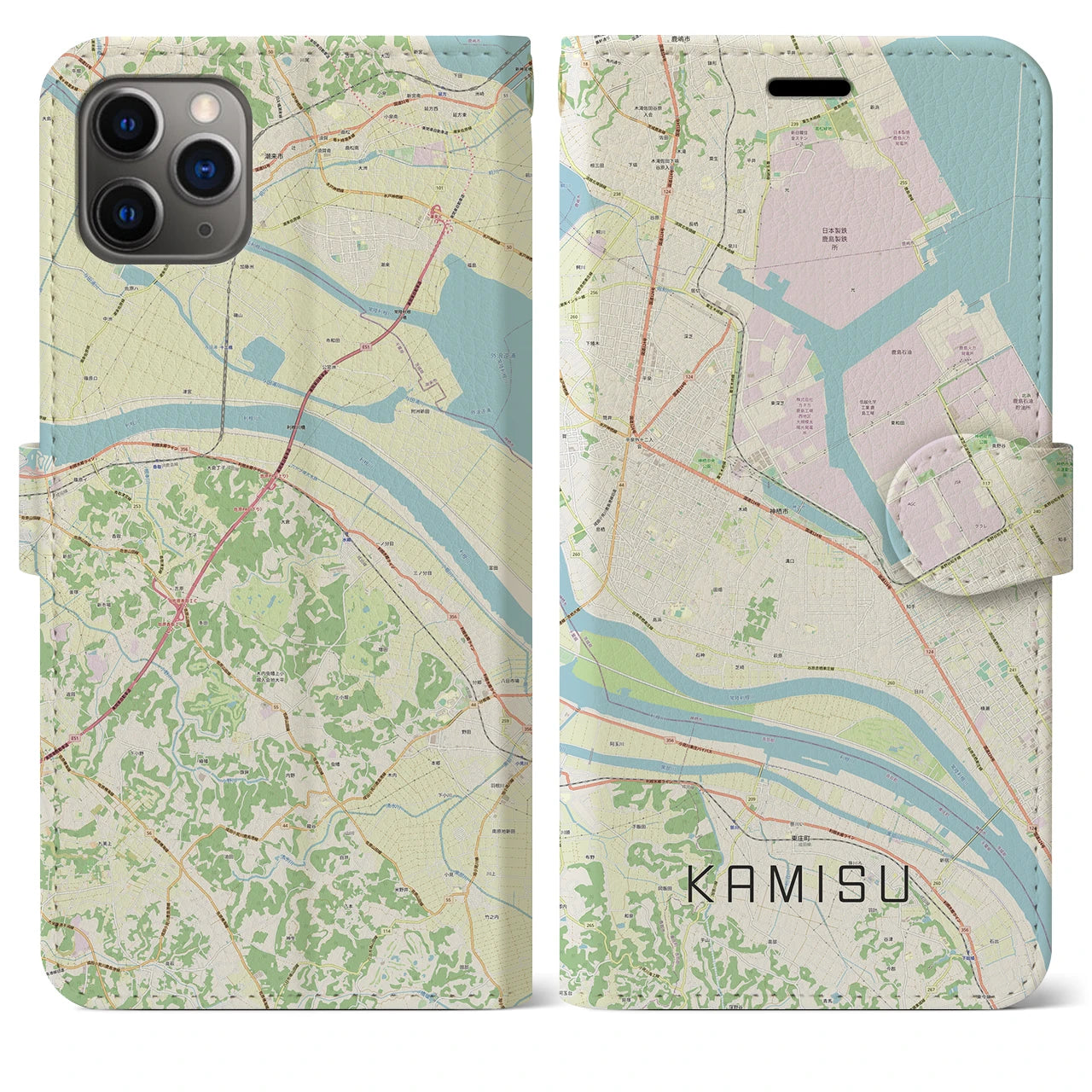 【神栖】地図柄iPhoneケース（手帳両面タイプ・ナチュラル）iPhone 11 Pro Max 用