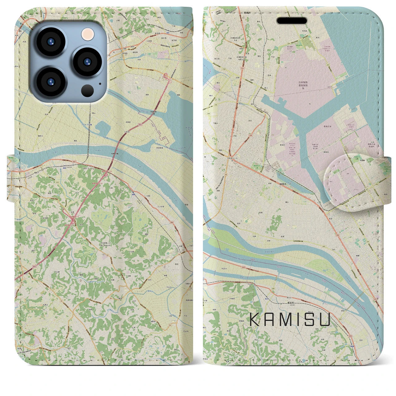【神栖】地図柄iPhoneケース（手帳両面タイプ・ナチュラル）iPhone 13 Pro Max 用
