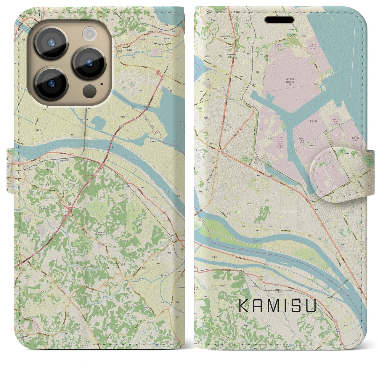 【神栖】地図柄iPhoneケース（手帳両面タイプ・ナチュラル）iPhone 14 Pro Max 用
