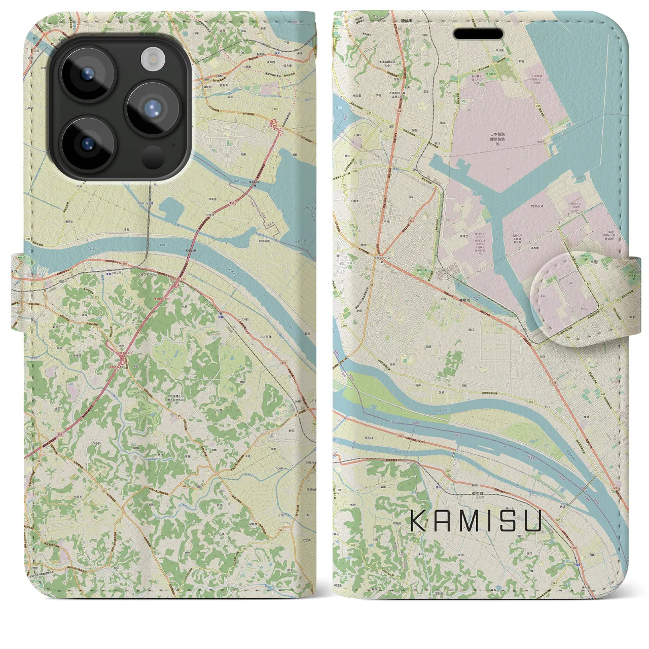 【神栖】地図柄iPhoneケース（手帳両面タイプ・ナチュラル）iPhone 15 Pro Max 用