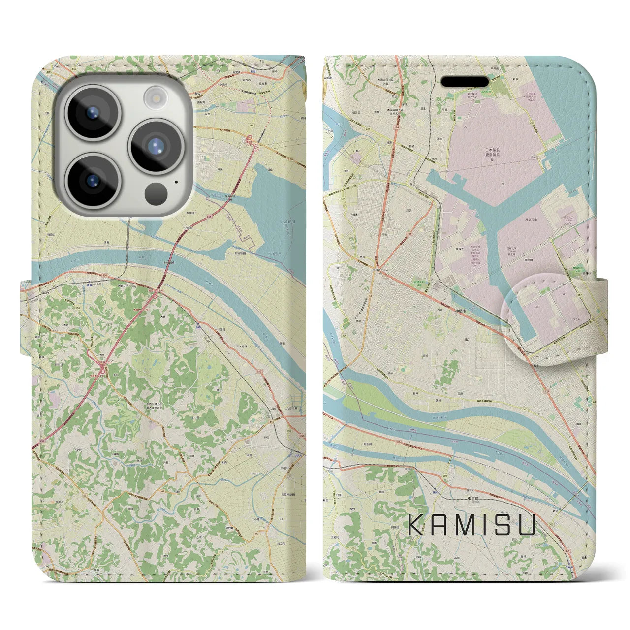 【神栖】地図柄iPhoneケース（手帳両面タイプ・ナチュラル）iPhone 15 Pro 用