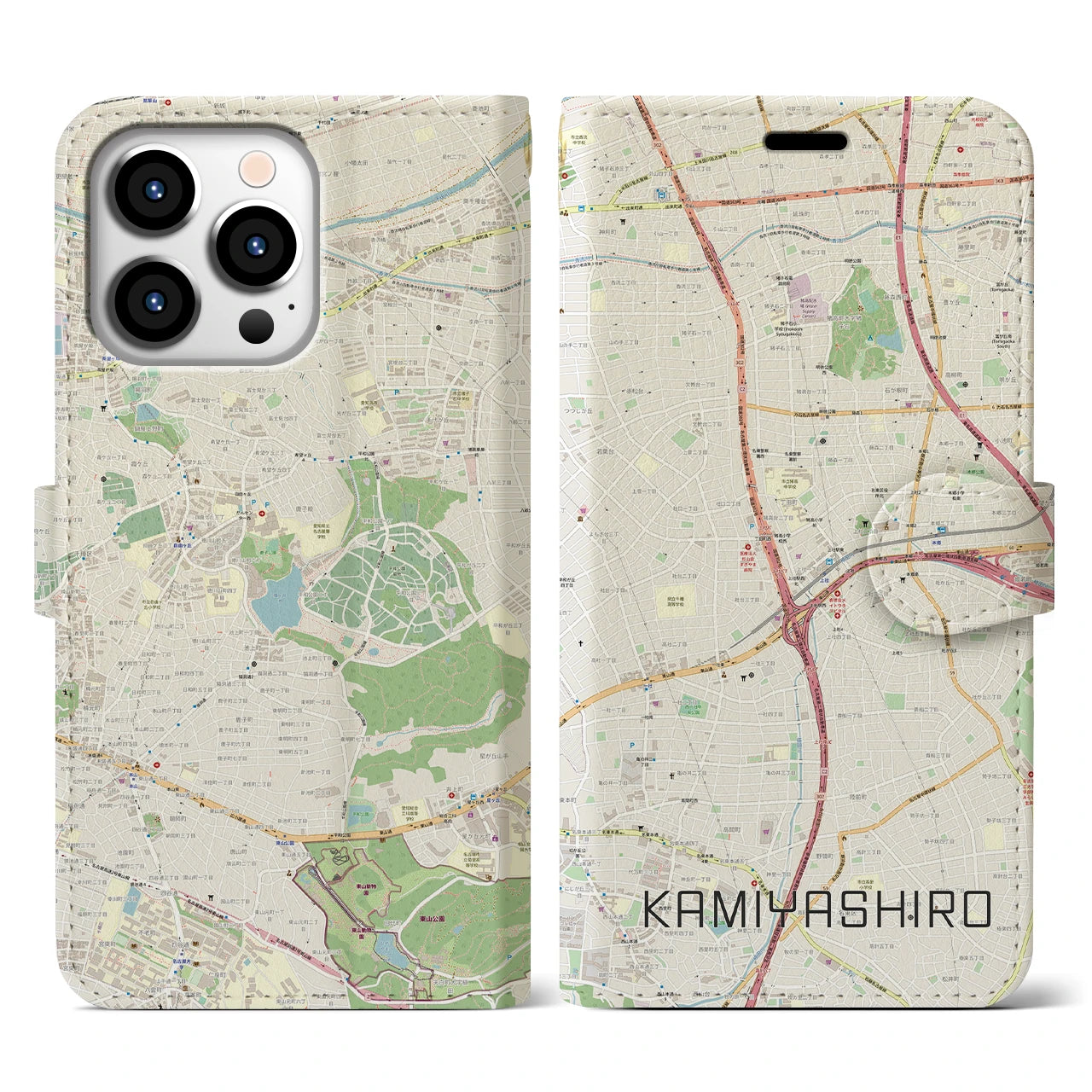 【上社】地図柄iPhoneケース（手帳両面タイプ・ナチュラル）iPhone 13 Pro 用