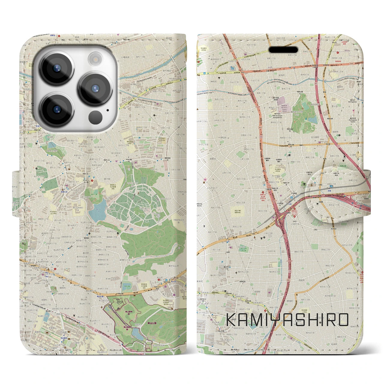 【上社】地図柄iPhoneケース（手帳両面タイプ・ナチュラル）iPhone 14 Pro 用