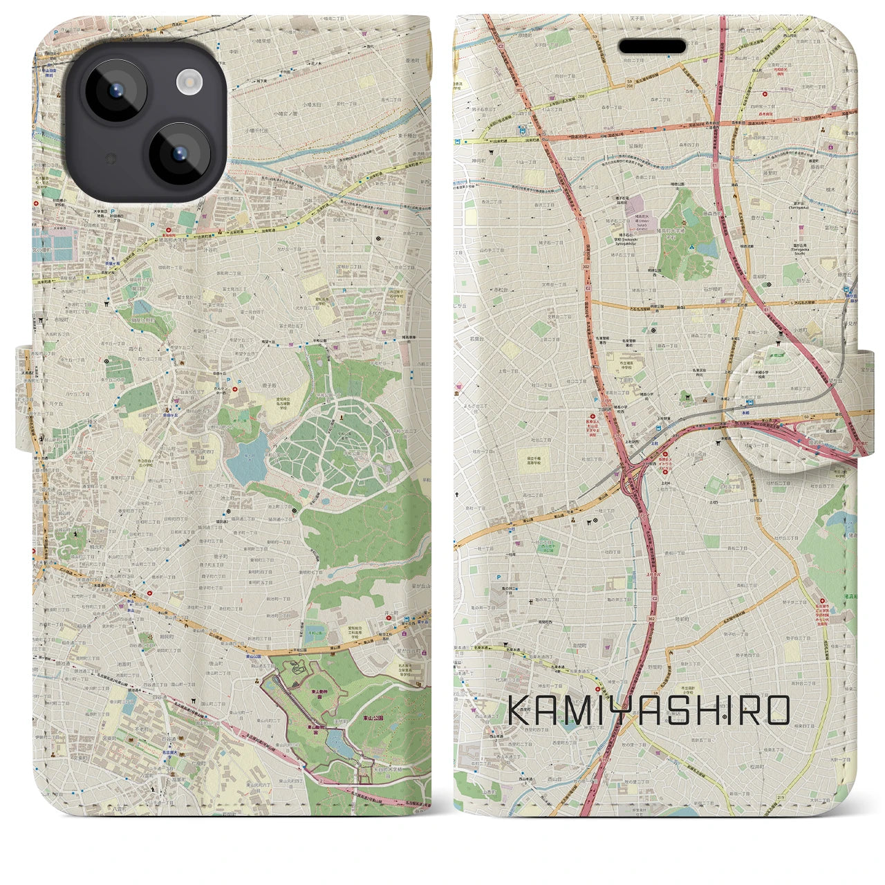 【上社】地図柄iPhoneケース（手帳両面タイプ・ナチュラル）iPhone 14 Plus 用