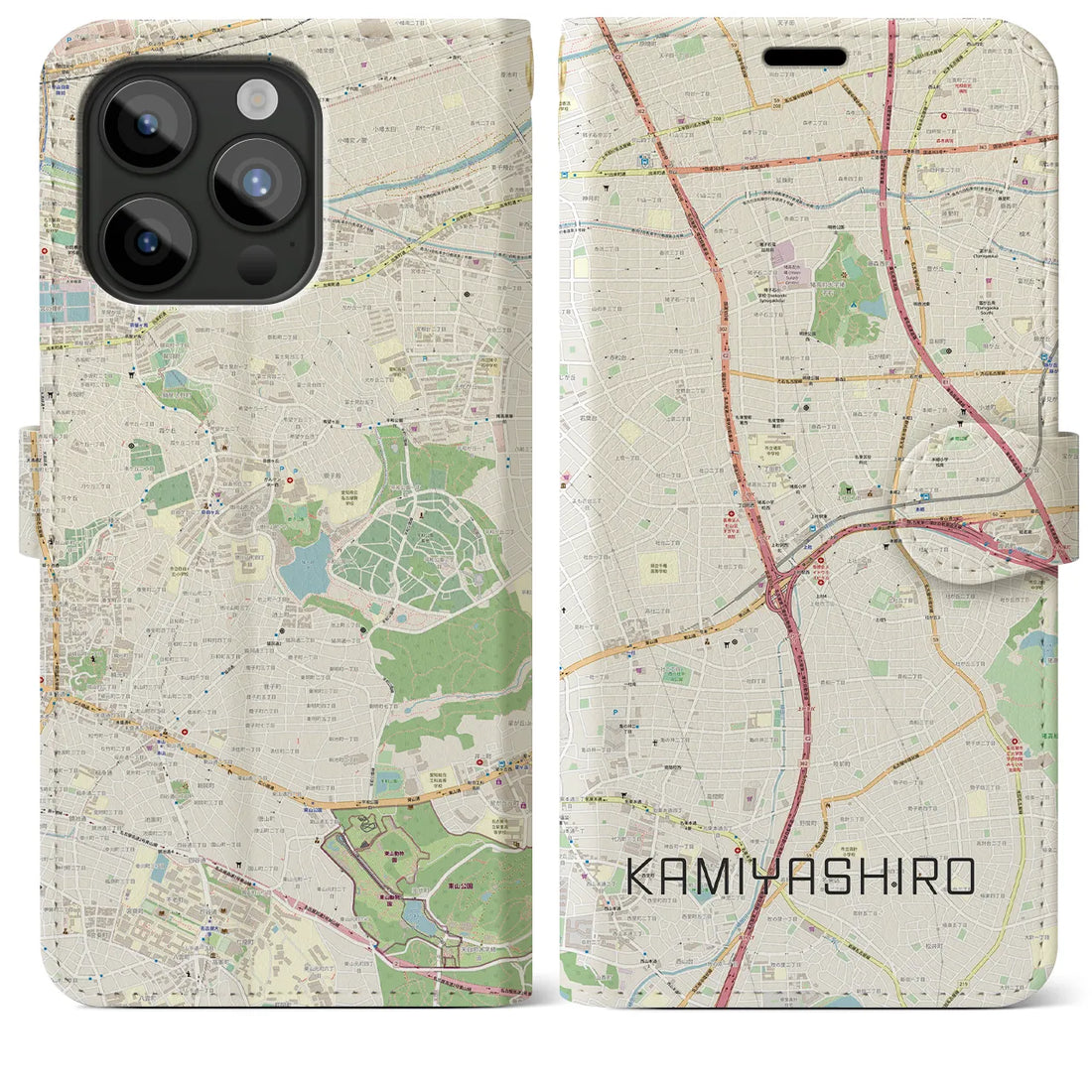 【上社】地図柄iPhoneケース（手帳両面タイプ・ナチュラル）iPhone 15 Pro Max 用