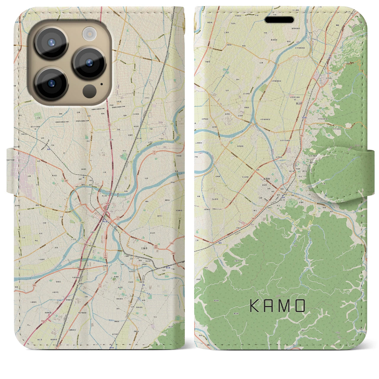 【加茂】地図柄iPhoneケース（手帳両面タイプ・ナチュラル）iPhone 14 Pro Max 用