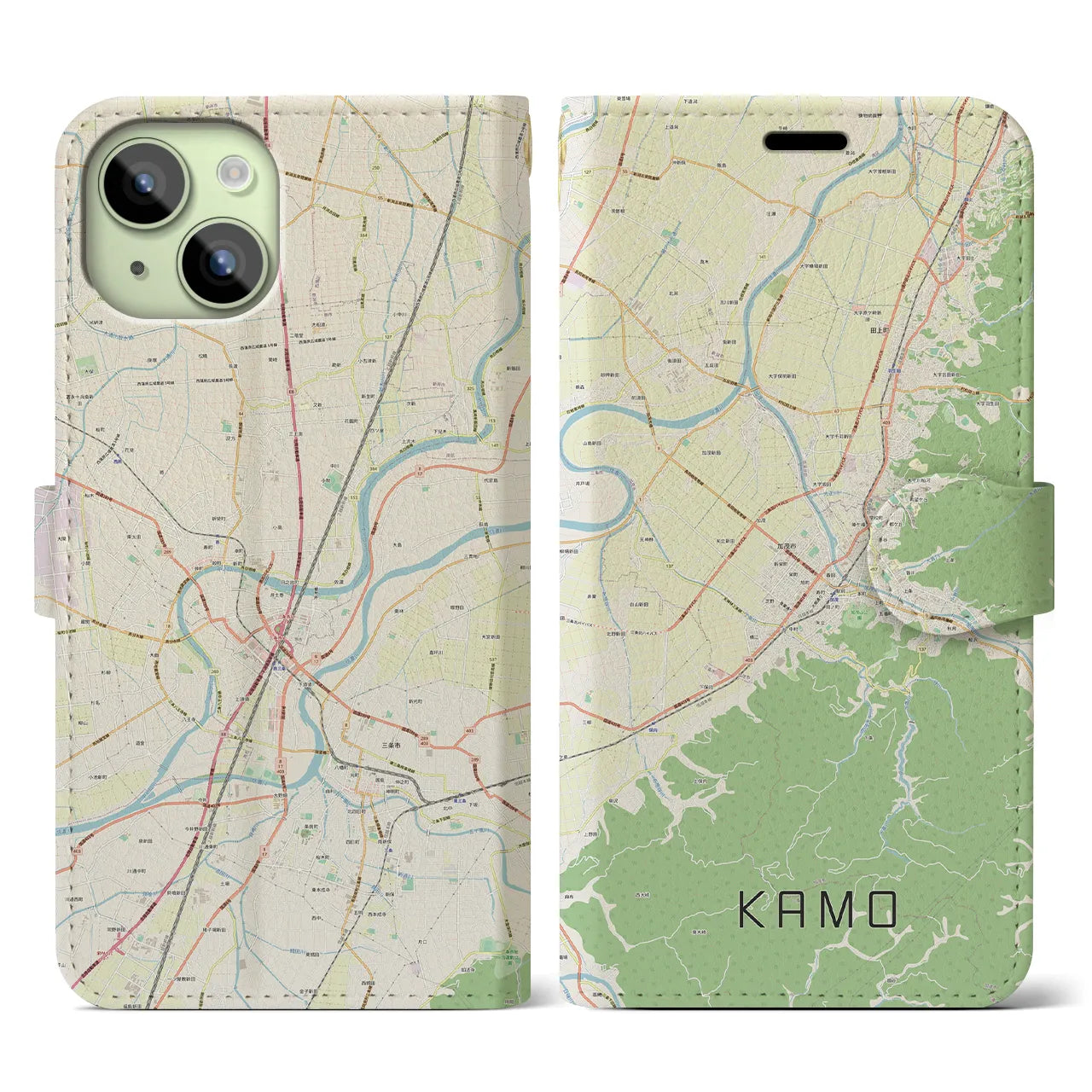 【加茂】地図柄iPhoneケース（手帳両面タイプ・ナチュラル）iPhone 15 用