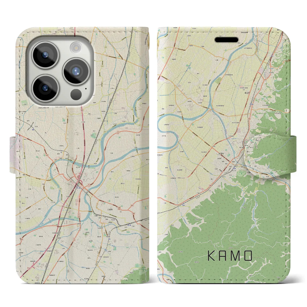 【加茂】地図柄iPhoneケース（手帳両面タイプ・ナチュラル）iPhone 15 Pro 用
